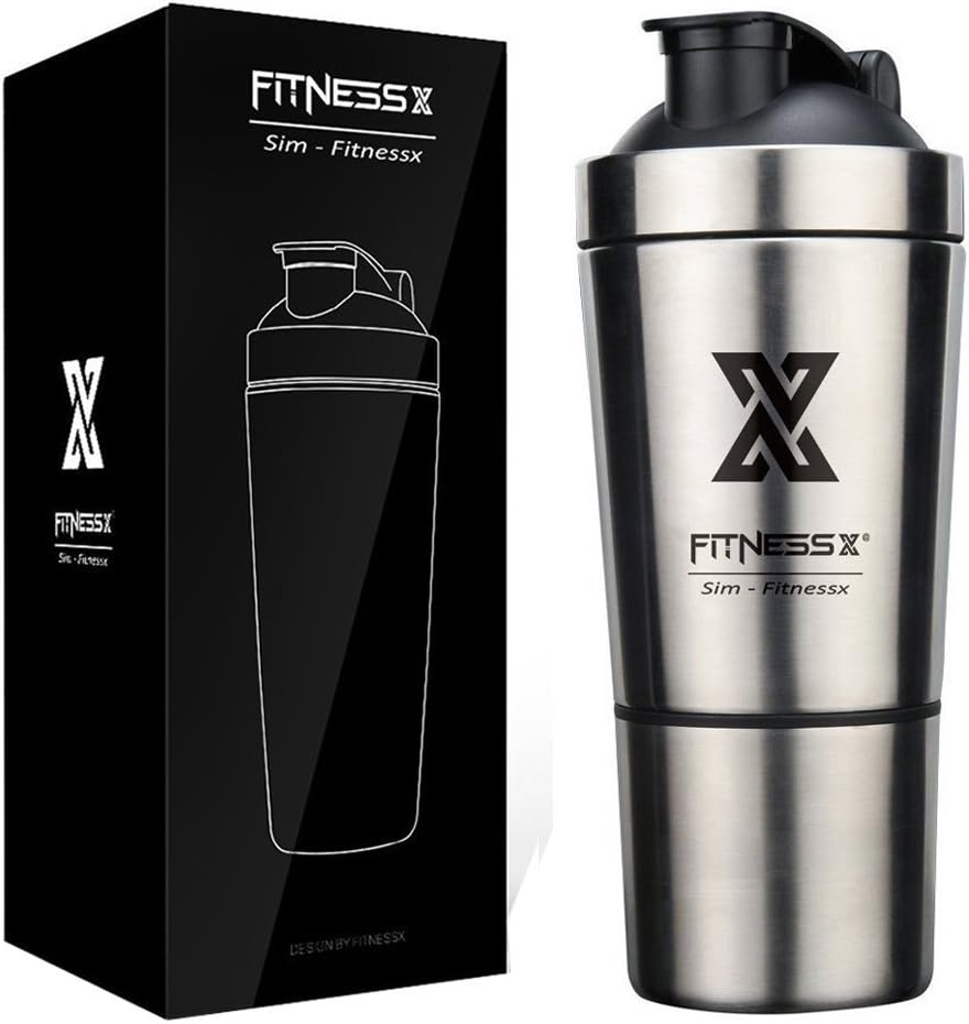 Fitnessx 600ml+200ml Protein Shaker with Storage Stainless Steel Water Bottle Protein Mixing Cup with Ball
