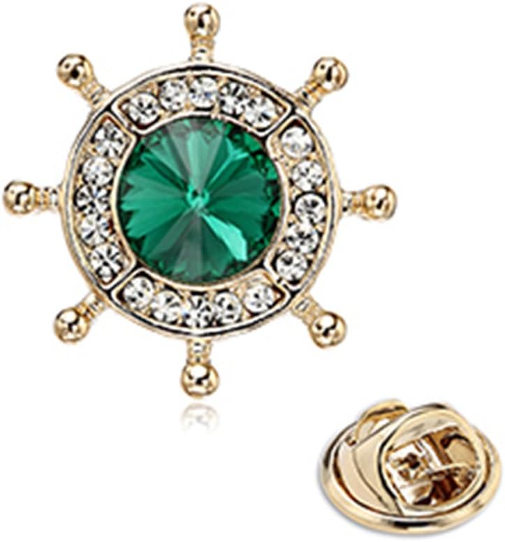OCTCHOCO Mini Rudder Brooches Retro Navy Style Green Crystal Collar Pin Thorn for Men Women