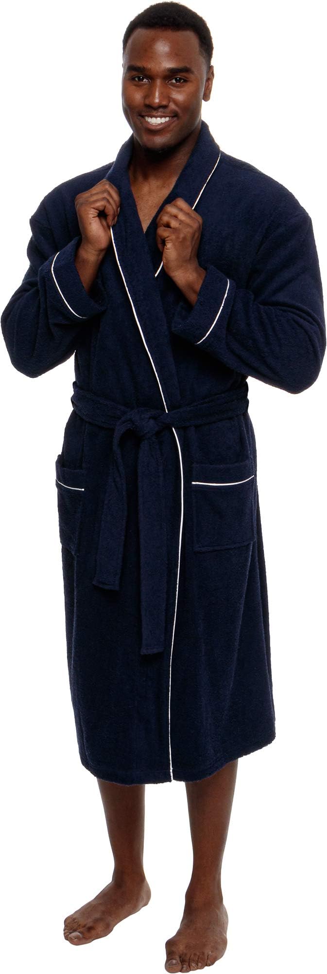 Men's Lightweight Cotton Terry Robe - Luxury Bathrobe w/Contrast Piping