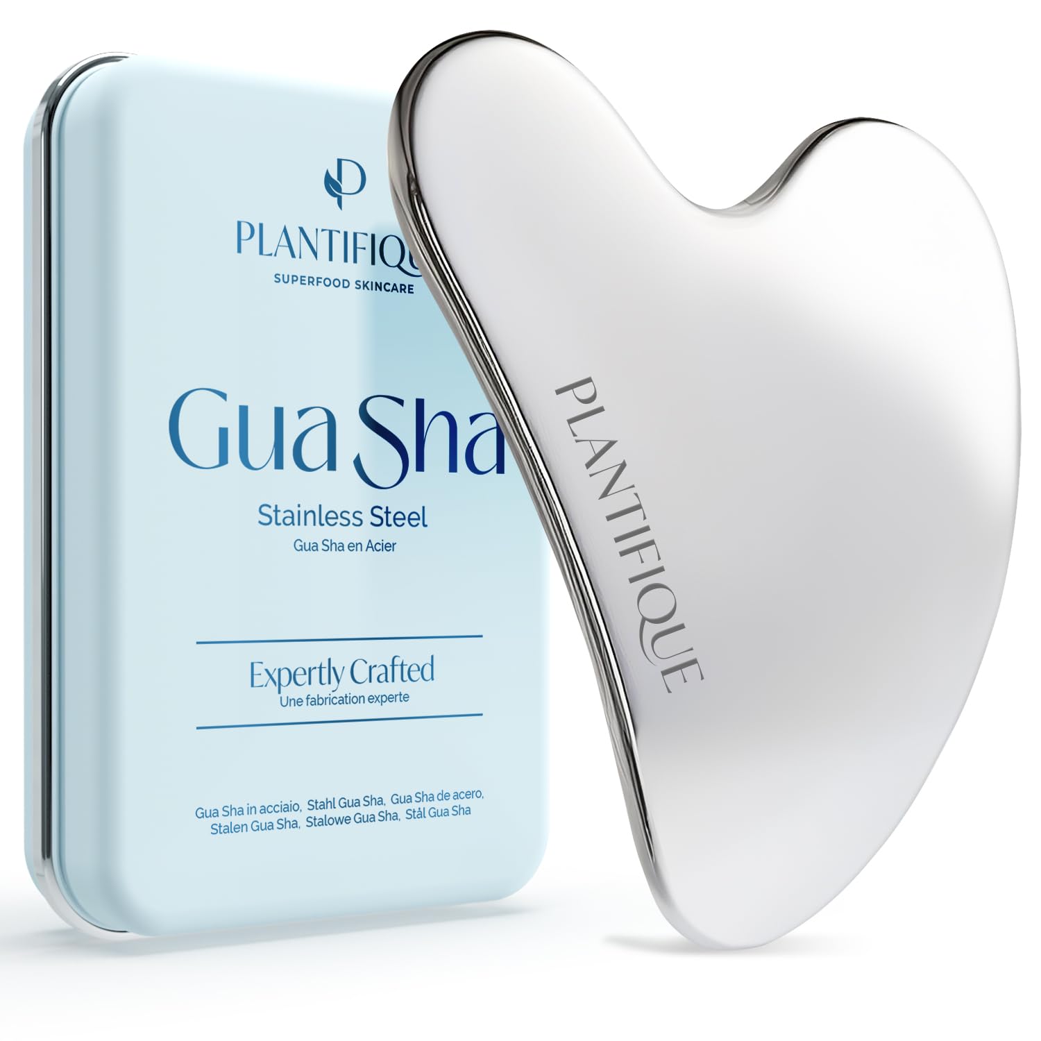 PLANTIFIQUE Stainless Steel Gua Sha Facial Tool – Skin Massage Tool for Face, Body, Eyes & Neck – Heart-Shaped with Travel Pouch, Skincare Gift for Women & Men