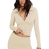 Volemo Women's Basic Long Sleeve Polo Shirts Collared Button Up V Neck Tight Tees Sexy Crop Top Workout Tops