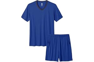 MoFiz Mens Pajama Set Summer Pjs Sleepwear Nightwear Lightweight Quick Dry Soft Short Sleeve V-Neck Pjs Sleep Set With Pocket