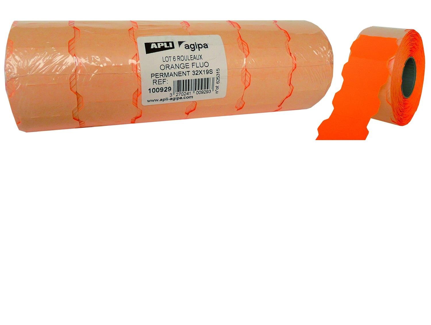 APLI 100929 Sine Permanent Pack of 6 Rolls of 1000 Labels 32 x 19 mm Neon Orange