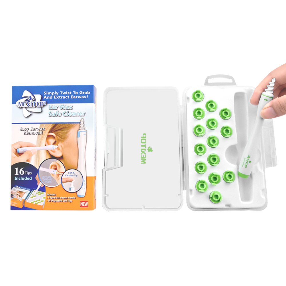 Ear Wax Cleaner - MEXITOP 16 New-Designed Replacement Tips, Ear Pick Spiral Improves the Effect of Ear Wax Removal Drop + Bonus Noise Canceling Ear Plugs, Green (Upgraded Version)