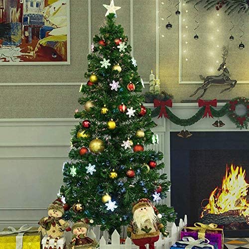 EFORINK 6ft Fiber Optic Christmas Tree Pre-lit PVC Artificial Xmas Tree with Colorful Fiber Optic and 30 LED String Lights, Snowflake Shaped lampshade, Top Star and Metal Stand