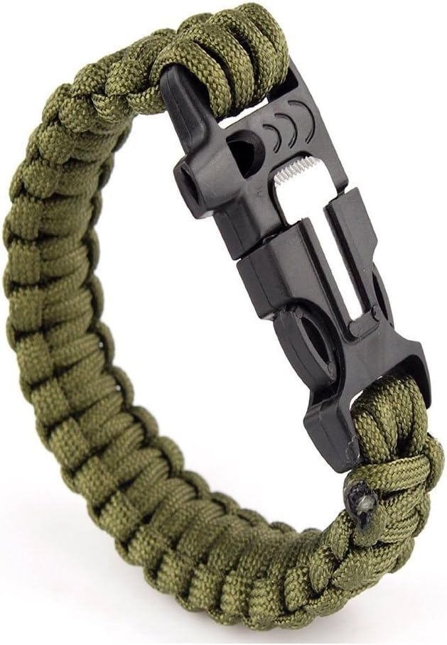 Multifunction Outdoors Survival Paracord Bracelet w/ Flint Fire Starter Scraper Whistle Kits Army Green