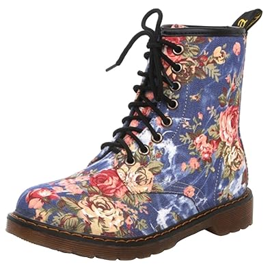 Wealsex Damen Cowboy Stiefel Canvas Blumen Halbschaft Stiefeletten flach