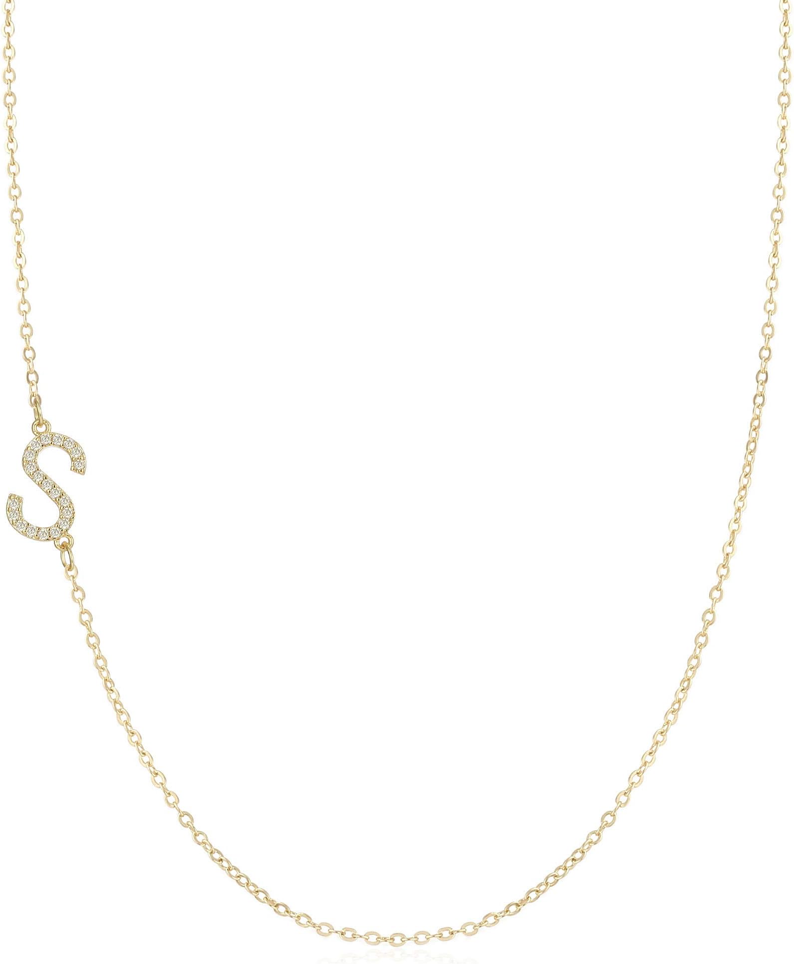 Valloey Rover Gold Sideways Initial Necklace 14K Gold Plated Cubic Zirconia Letter Script Dainty Monogram Necklace for Women Kids Child Jewelry