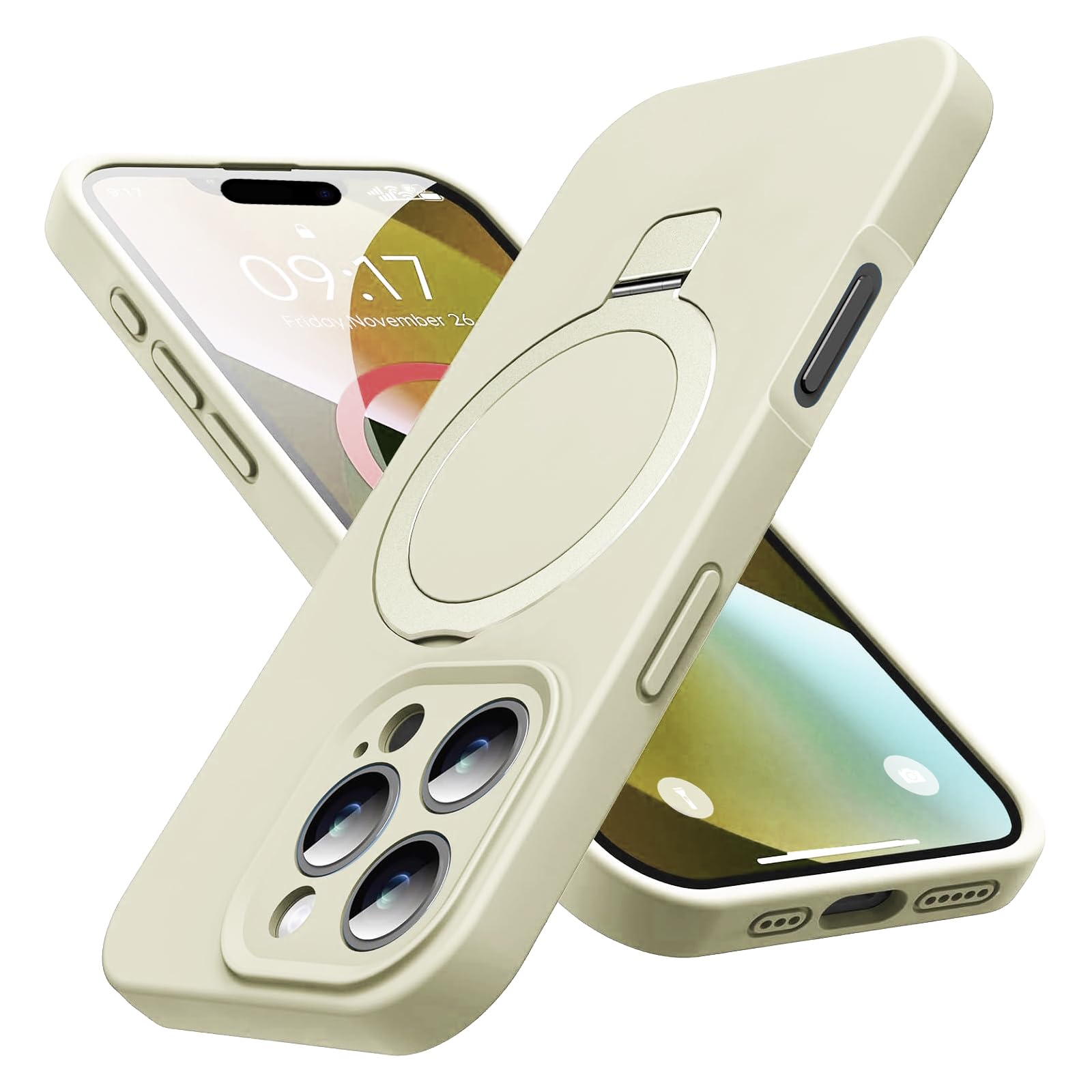 Photo 1 of DynaSparx Silicone Big Ring Case for iPhone 16 Series, Slim Liquid Silicone Phone Case, with 360 Rotatable MagSafe Magnetic Ring Kickstand Case Full Camera Protection White