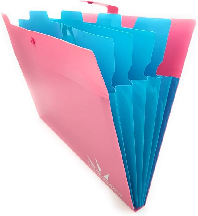 Expanding File Folder Document Organizer 5 Pockets A4 Letter Size Snap Closure Plastic Accordion Bonus 1 Waterproof Bag & 28 Labels (Pink)