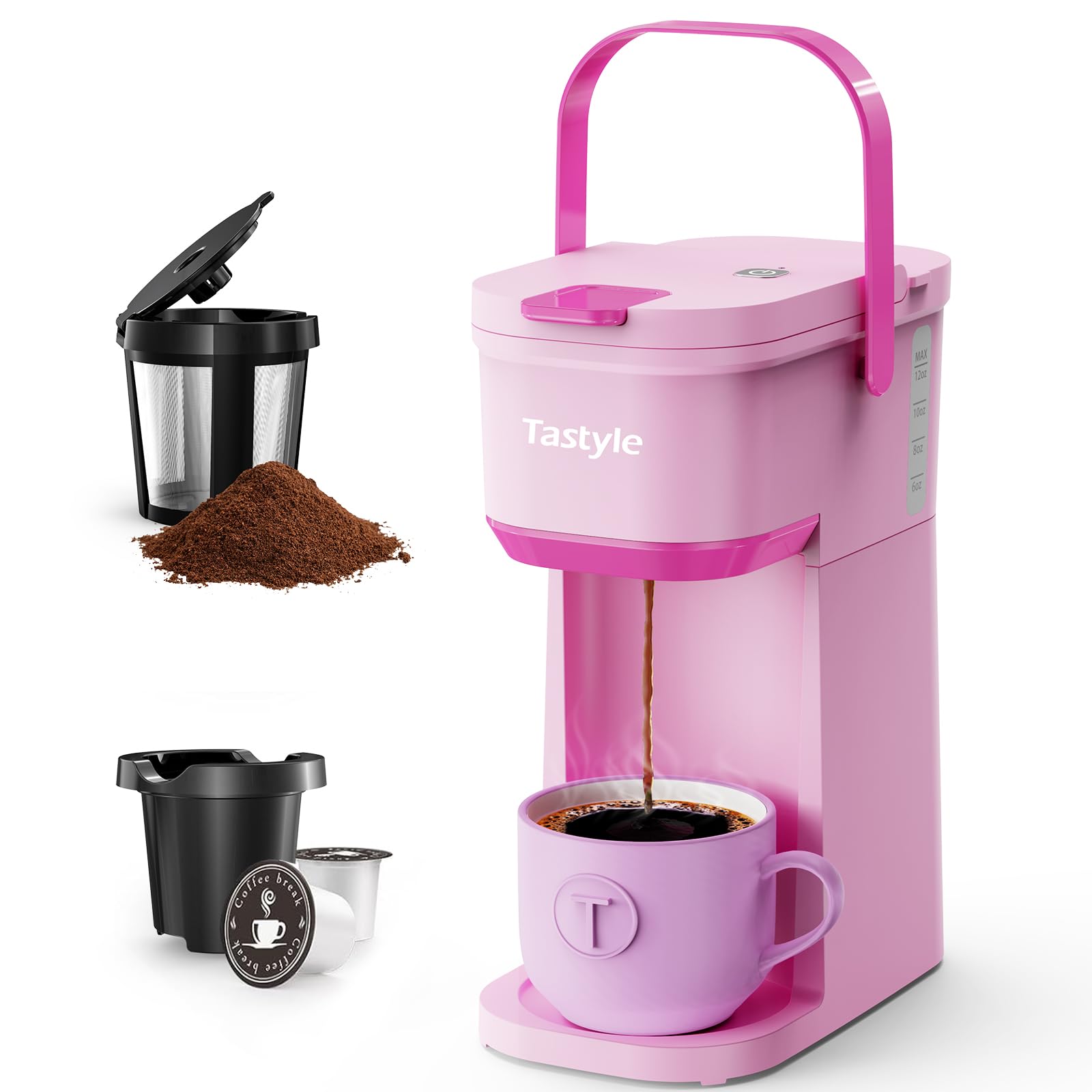 Photo 1 of Tastyle Single Serve One Cup Coffee Maker, for K Cups and Grounds, Mini Coffee Maker with Portable Handle, 6 to 12 Oz Brew Size, for Travel, Camping, Office, RV and Dorm, 120V, Dusty Rosa