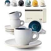 KIVY 3 oz Espresso cups set of 4 - Thick walled stoneware espresso cup set - Italian style espresso cups and saucers - Expresso shots cup - Small coffee mugs and saucers - Blue
