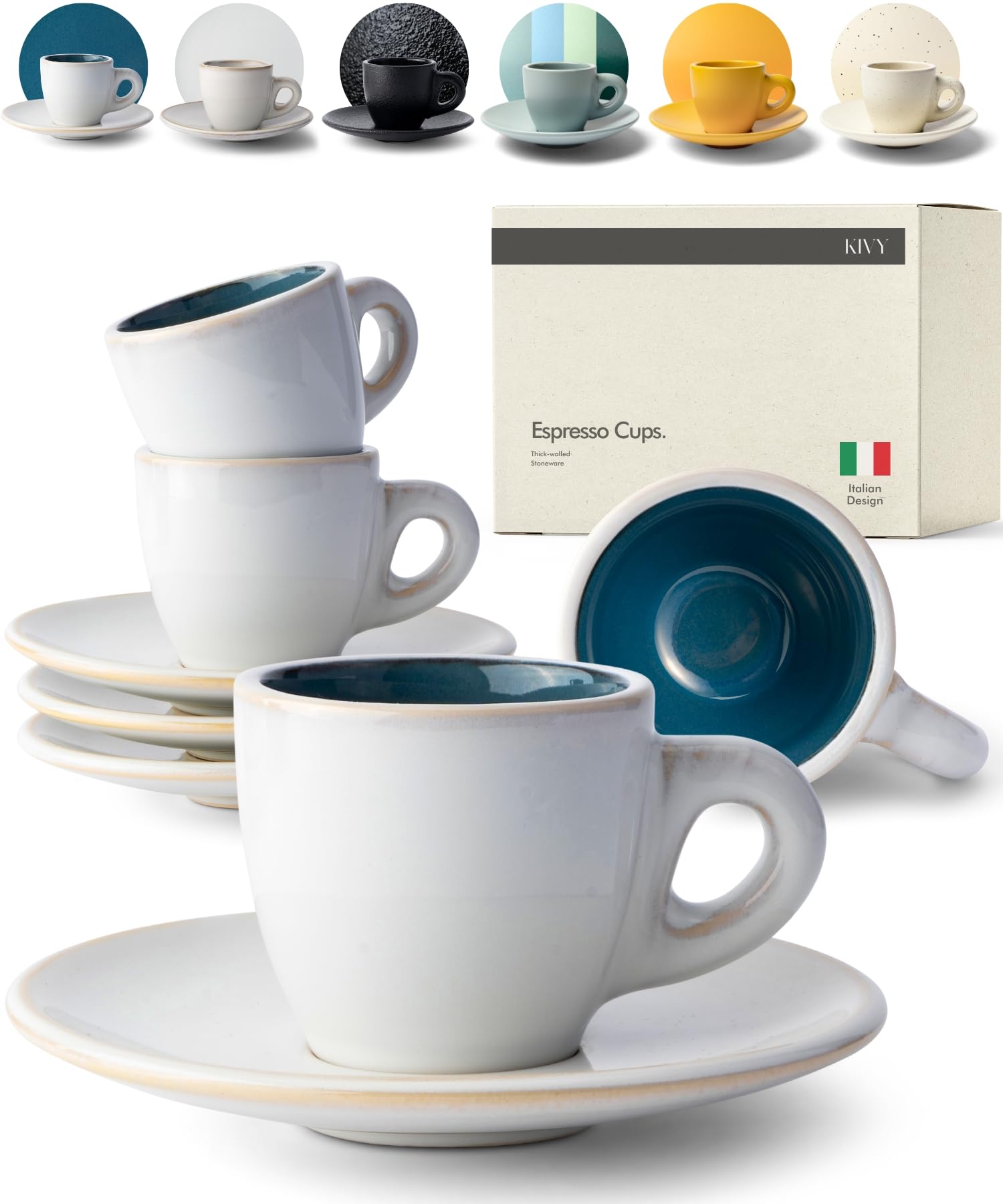 KIVY Espresso Cups Set [4 x 75 ml] – Handmade Thick-Walled Stoneware – Blue Beige Mocha Cups with Saucer