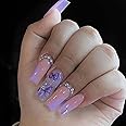 24pcs Coffin Press Nails with Rhinestone French Butterfly False Tip Stick on Nails, Purple Bling Glitter Design, Glossy Acrylic Finish