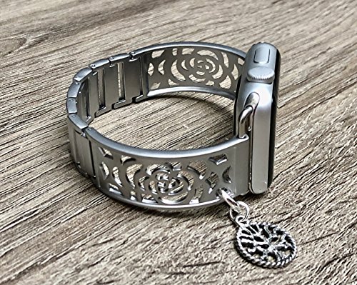 Silver Brushed Aluminum Metal Bracelet For Apple Watch 38mm All Series Handmade Flowers Design Jewelry Band for Apple Watch Vintage Tree Of Life Charm Adjustable Size Fashion Accessory Wristband - Thumbnail 2