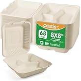 OasisSN 8x8 Inch 68 Pack 3-Compartment Clamshell Take Out Food Containers, Compostable Disposable Paper To Go Boxes with Lids, Heavy Duty Sugarcane Bagasse Containers for Meals &amp; Sides, Natural