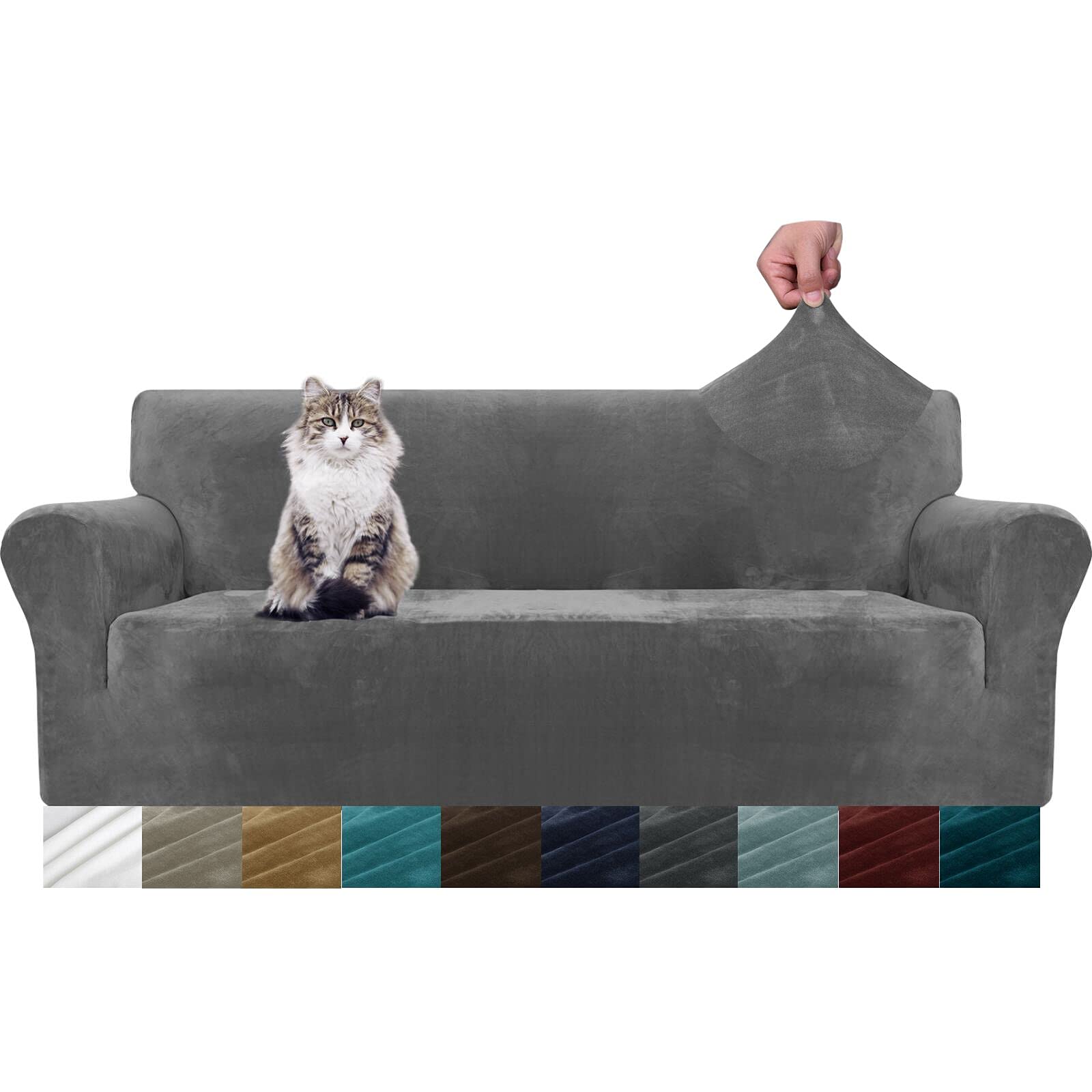 MAXIJIN Thick Velvet Sofa Covers 3 Seater Super Stretch Couch Cover for Dogs Cat Pet Friendly 1-Piece Elastic Furniture Protector Plush Sofa Slipcovers (3 Seater, Grey)