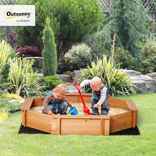 Outsunny Kids Sandbox with Cover, Octagon Wooden Sand Box with Seat, Outdoor Children Sand Pit for Backyard, Garden, Beach, 55" x 55" x 8.5", for Ages 3-8