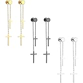 Cupimatch 3 Pairs Stud Earrings with Cross Dangle for Men Women Stainless Steel Double Cross Tassel Ear Pierced Earrings Set for Valentine's Day