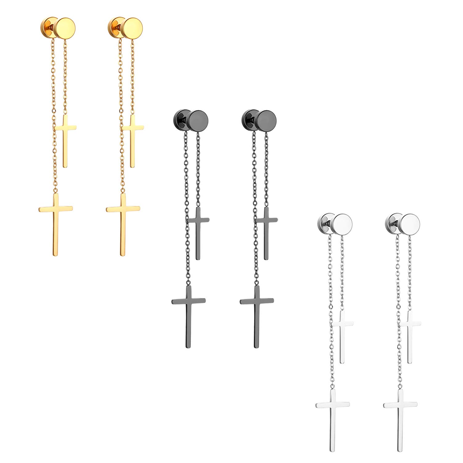 Cupimatch 3 Pairs Stud Earrings with Cross Dangle for Men Women, Stainless Steel Double Cross Tassel Ear Pierced Earrings Set