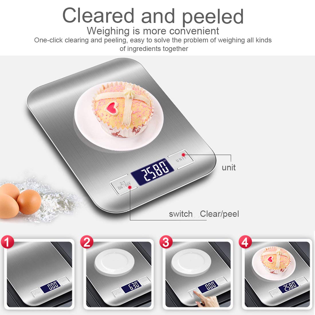 NoyoKere Báscula Smart Digital,Báscula Digital para Cocina,Pantalla LCD con Retroiluminación 5kg/1g,Balanza de Alimentos,Plata