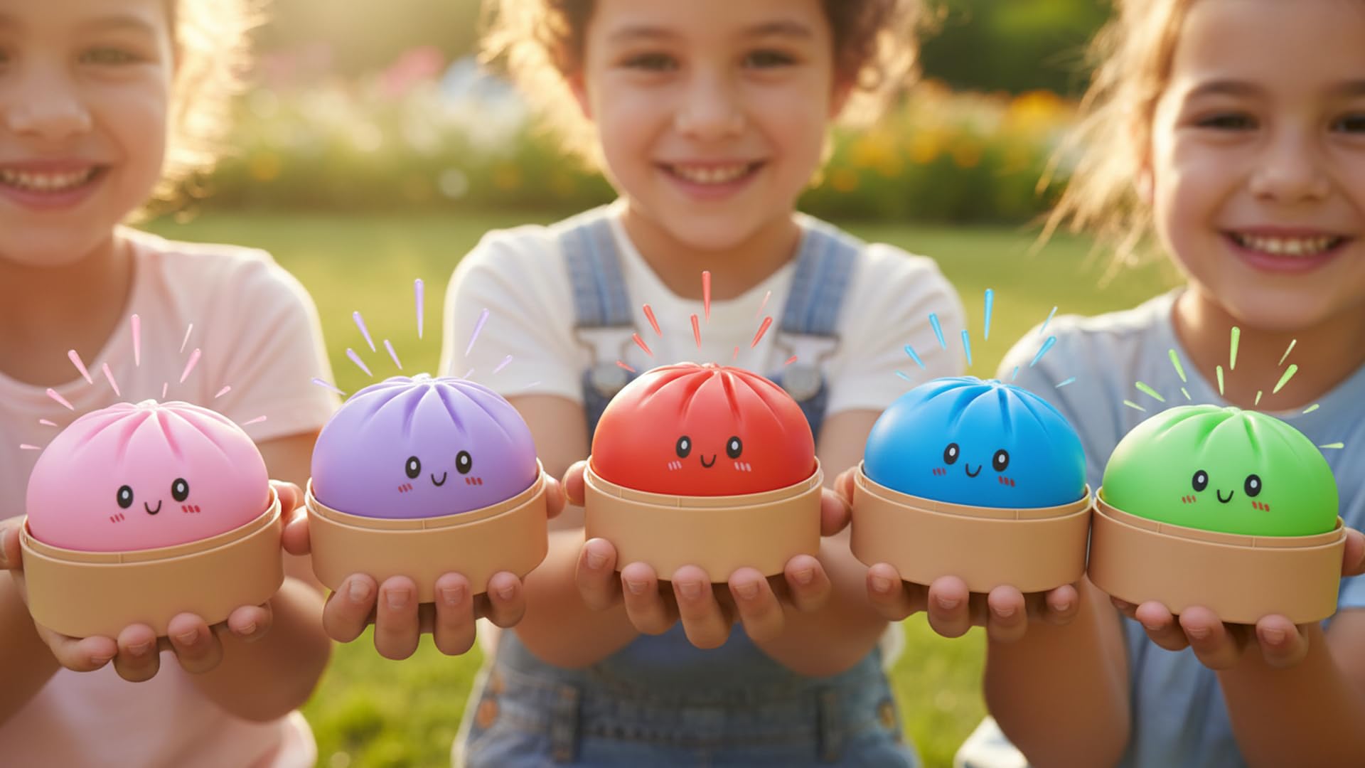 Dumpling Squishies, Glitter Dumpling Mystery Box, Colorful Dumplings Stress Balls Fidget Sensory Toy,A Retractable Tabletop Toy with a Food Steamer (Pink+Purple+red+Blue+Green)