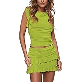Oumrdeo 2 Piece Sets for Women Y2k Going Out Ruffle Trim Ruched Tank Top And High Waist Skirt Set Club Mini Dress