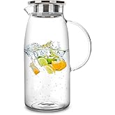 60 Ounces Glass Pitcher with Lid, Hot/Cold Water Jug, Juice and Iced Tea Beverage Carafe