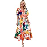 Women's Boho Floral Midi Dress Ruffle Hem Puffy Short Sleeve Summer Maxi Dress