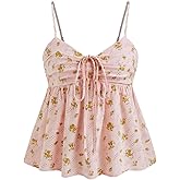 Women Floral Cami Top Y2k Ruffled Hem Flower Halter Backless Top Bow Tie Elastic Waist Spaghetti Strap Tank Top