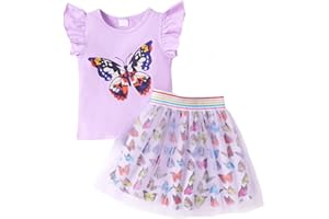 RETSUGO Girls Tulle Skirt Set Two Piece Ruffle Sleeve Unicorn T-Shirt Tutu Dress Summer Birthday Party Outfit 2-10 Years
