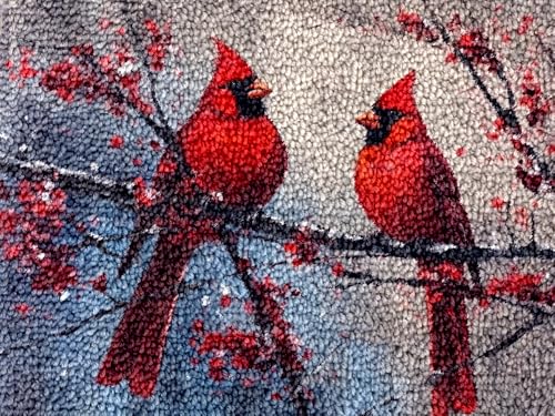 Generic Couple of Cardinal Bird Latch Hook Kits Rug DIY Cushion Tapestry Making Crochet Hook Mat Making Kits Color Preprinted Pattern Canvas DIY Carpet Needlework Crochet Kits 52x38cm (Q11-45)