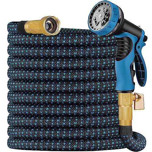 Photo 1 of Expandable Garden Hose 100 ft Water Hose with 10 Function Spray Nozzle, Lightweight Flexible Hose with 3-Layer Latex Core and 3/4 Inch Solid Fittings, 100ft Retractable Stretch Hose (Black & Blue)