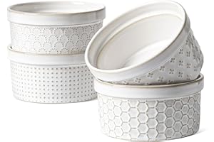 LE TAUCI Ramekins 12 oz, Ramiken for Creme Brulee, Souffle, Dipping Sauce, Ceramic Embossment Housewaming Present -4.8 inch, 