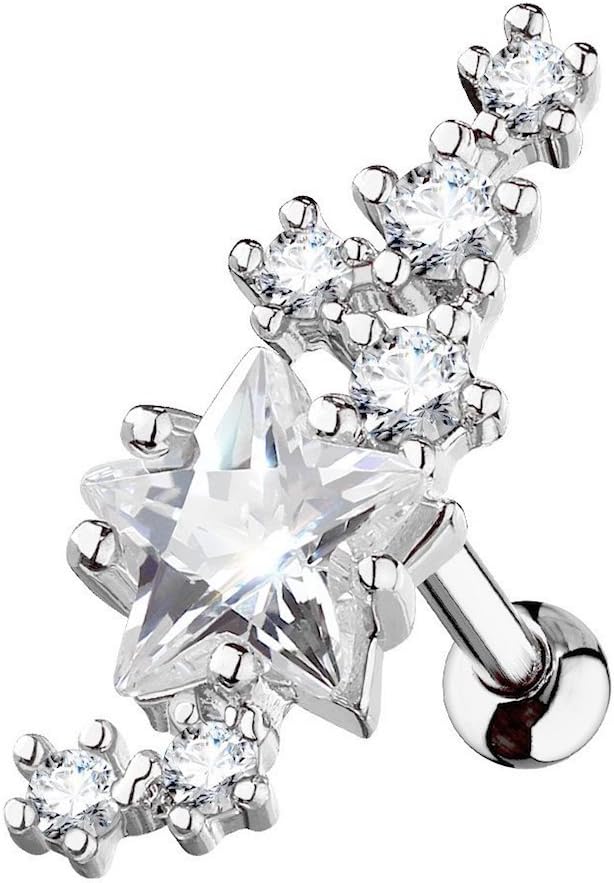 Covet Jewelry Lined Cluster CZ Stars with Large Star Center 316L Surgical Steel Cartilage, Tragus Barbell Studs