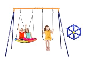 Lunafun Swing Set for Backyard, 440lbs Swing Set with Heavy-Duty A-Frame Metal Outdoor Stand, 1 Saucer Swing Seat 1 Kids Swings Seat & 1 Steering Wheel Attachment