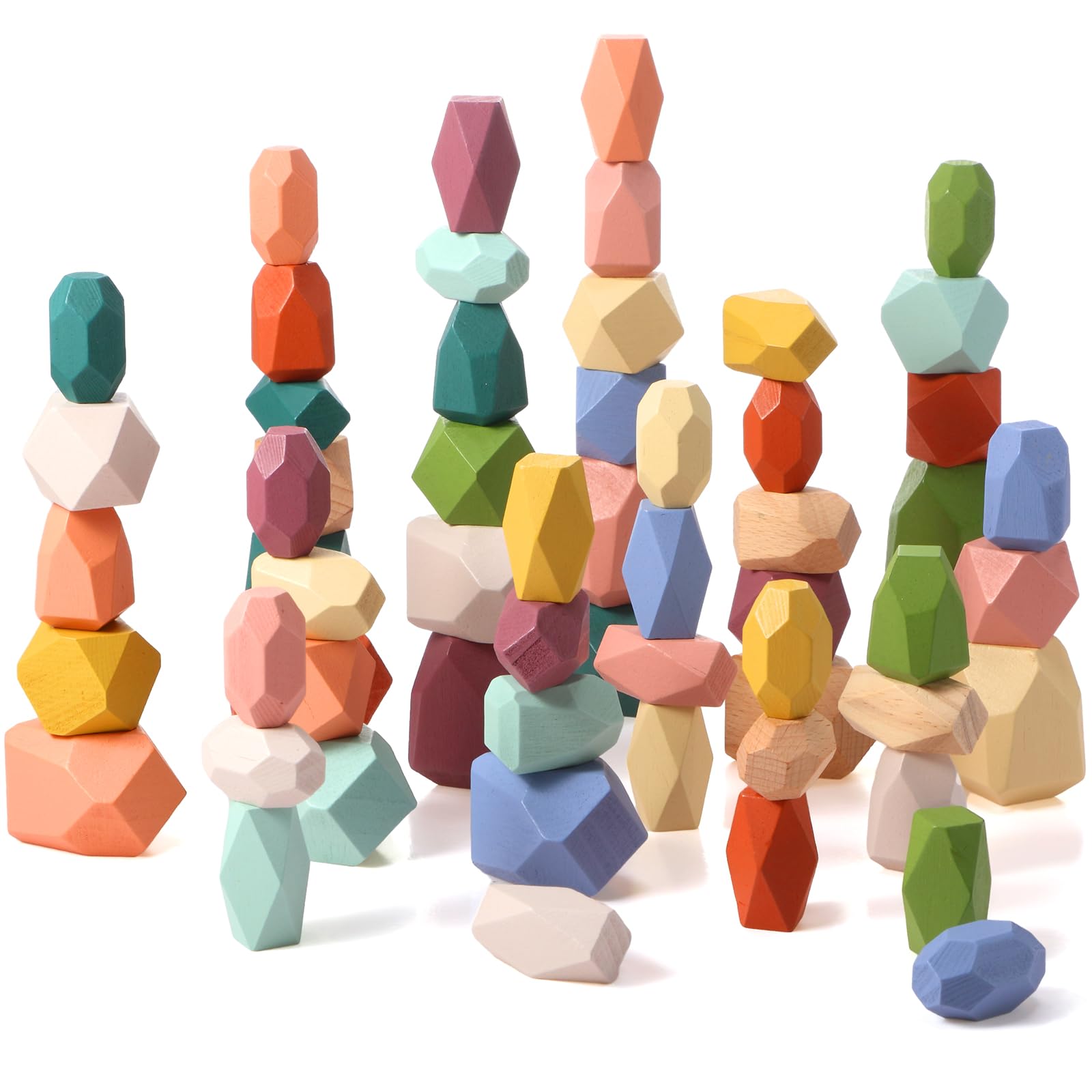 Photo 1 of Jenaai 60 Pcs Stacking Rocks Montessori Toys for 3+ Year Old Colorful Wooden Balance Stones Baby Easter Basket Stuffers Blocks Sensory Games Preschool Learning Educational Puzzle Toys(Morandi Color)