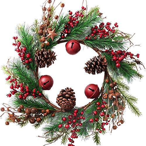 HOLICOLOR Christmas Wreath, Garland with Bells and Stars, 23×23inch Christmas Door Decoration, Holiday Decoration