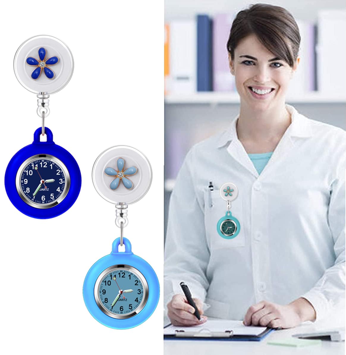 3Pack Retractable Nurse Watch for Nurses Doctors Cute Flowers Clip-on Hanging Lapel Nurse Watch with Second Hand,Silicone Cover Brooch Fob Pocket Watch Badge Reel