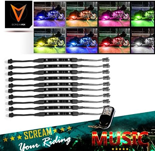 SCREAMFOX Motorcycle LED Light Kit 10 Strips 30 LED's Accent Neon Underglow with Music Rhythm &amp; RF Remote Controlled