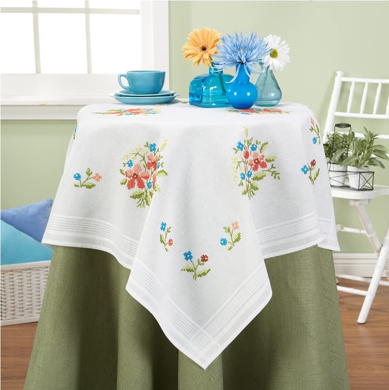 DECO-LINE Spring Flowers Printed Tablecloth Embroidery KIT, White, 80 X 80 cm