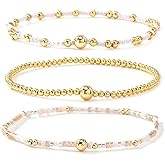 Ustome 3Pcs Stack Gold Plated Ball Seed Beaded Bracelets Set For Women, Boho Handmade Colorful Cute Unique Stretch Accessories Smooth Jewelry, Summer Beach Daily Party Friendship Gift