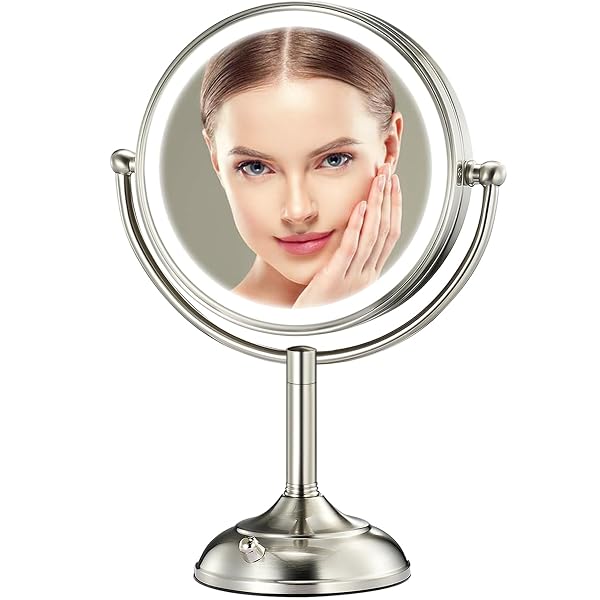 PROFESSIONAL 8.5″ LARGE LIGHTED MAKEUP MIRROR WITH BRIGHTER LIGHTS, 1X/10X TRUE HD MAGNIFYING MIRROR WITH 3 COLOR DIMMABLE LIGHTS, 90 SHADOWLESS LEDS, 360°SWIVEL SEAMLESS VANITY MIRROR, PEARL NICKEL
