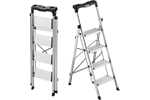 VEVOR 4 Step Ladder, Folding Step Stool with Wide Anti-Slip Pedal and Comfort Handgrip, 330 lbs Capacity Portable Aluminum St