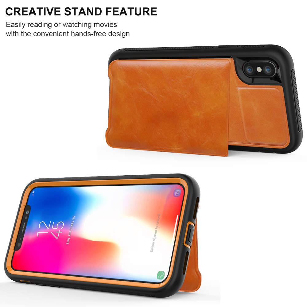 iPhone X Case, iPhone XS Shockproof Protective Wallet Case with PU Leather Card Holder for Apple iPhone X/XS (5.8 inches) [Orange+Black]