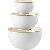JOYMAY Salad Bowls, Mixing Bowl Salad Bowl Set, Natural Bamboo Fiber Serving Bowl Set of 3 with Bamboo Wood Lid, Nesting Bowls for Salads,Pastas(White,10",8",6")