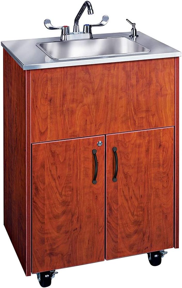 Ozark River Premier S1D Portable Hot Water Handwashing Sink with Stainless Countertop and Deep Single Stainless Basin - Cherry