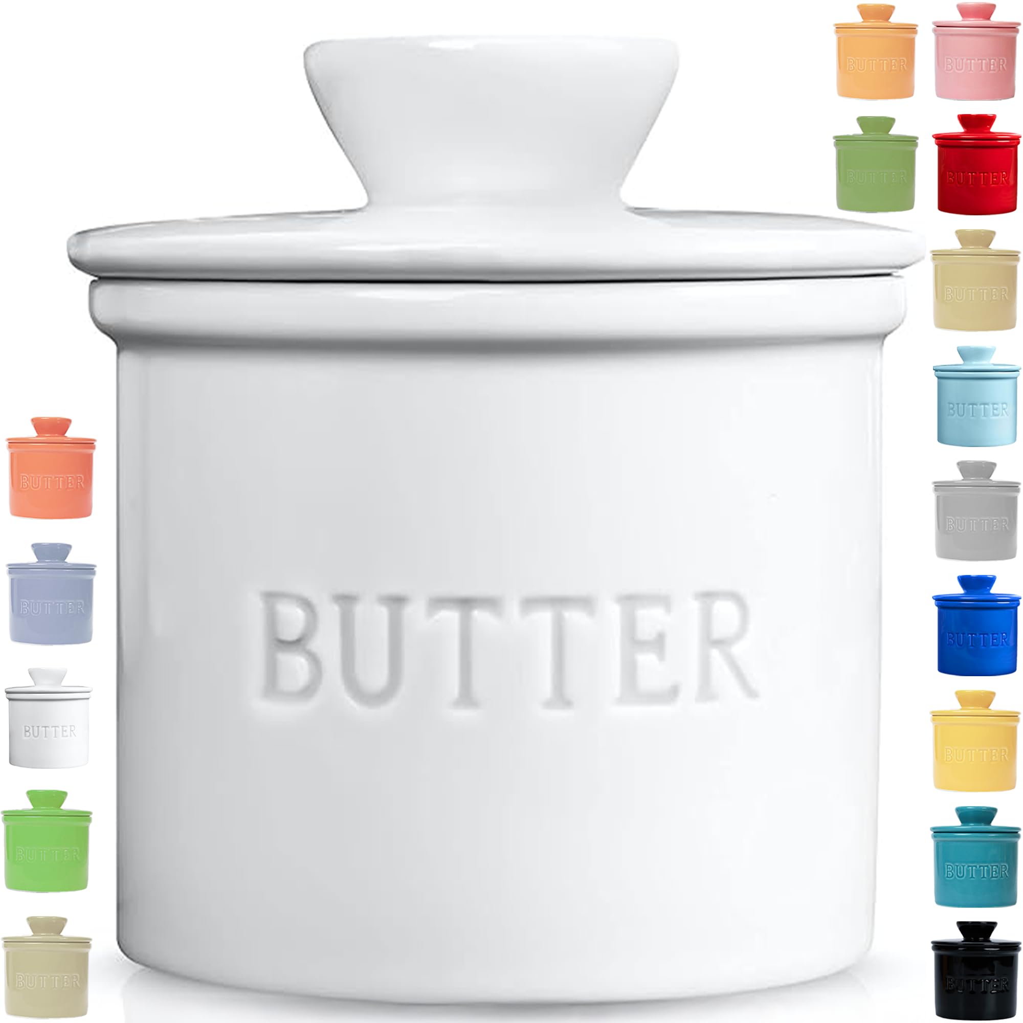 PriorityChef Butter Crock with Lid with Water Line,Ceramic French Butter Dish to Leave On Counter, White