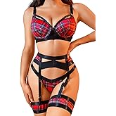 Garter Lingerie for Women,Sexy Lace Lingerie,Sheer Matching 4 Piece Lingerie Set