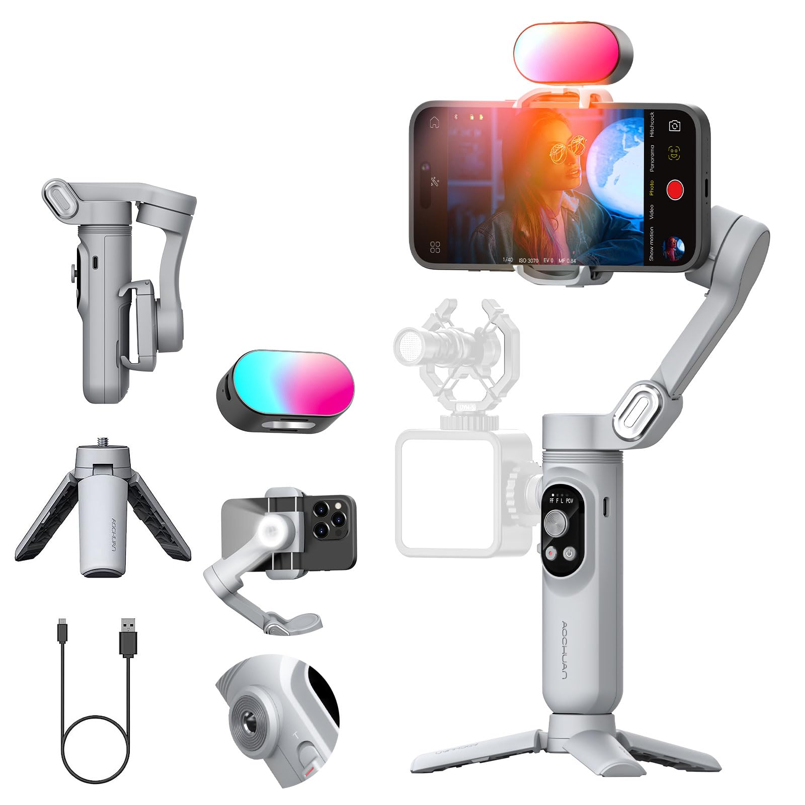 AOCHUAN 3-axis Gimbal Stabilizer for Smartphone w/ 1/4 Thread Foldable Phone Stabilizer for Recording, Built-In Fill light, Smartphone Gimbal w/RGB Light for iPhone 15/14 Vlogging(Smart X Kit Grey)